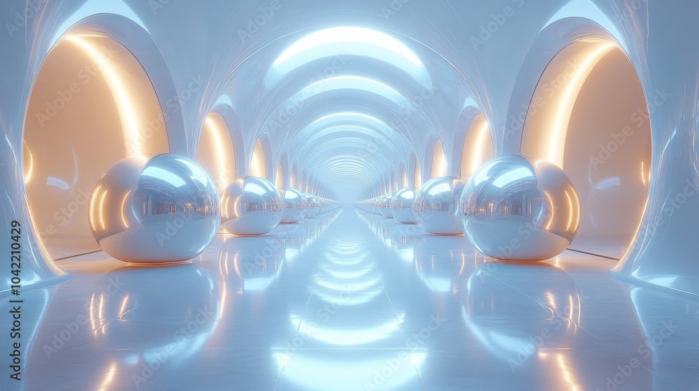 Aufkleber A sleek, futuristic hallway features glossy surfaces and ambient lighting, creating an ethereal atmosphere enhanced by reflective spheres.