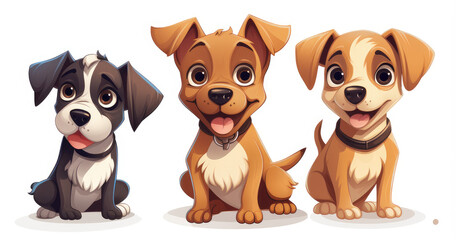 Obraz premium A playful illustration of three adorable cartoon puppies sitting together isolated on white background, showcasing their friendly expressions.