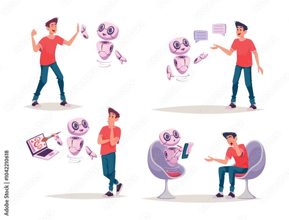 Poster ai chatbot. people conversation with smart computer ai system chatbot exact vector concept pictures 