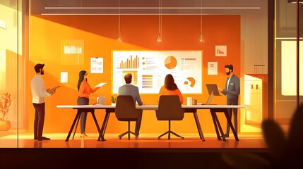 A group of people sitting around an office table, discussing marketing data and charts in the style of flat illustrations