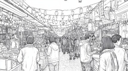 Crowded market scene with hanging lanterns and shoppers