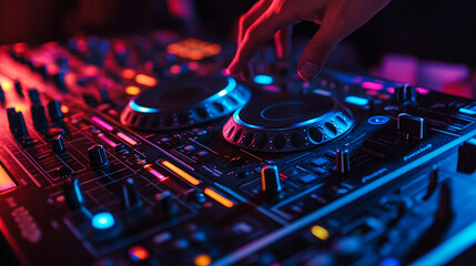 Obraz premium night club EDM party DJ mixing electronic music with turn table background, silhouettes of people dancing and raising their hands
