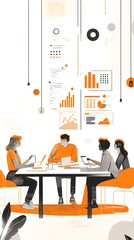 A group of people sitting around an office table, discussing marketing data and charts in the style of flat illustrations