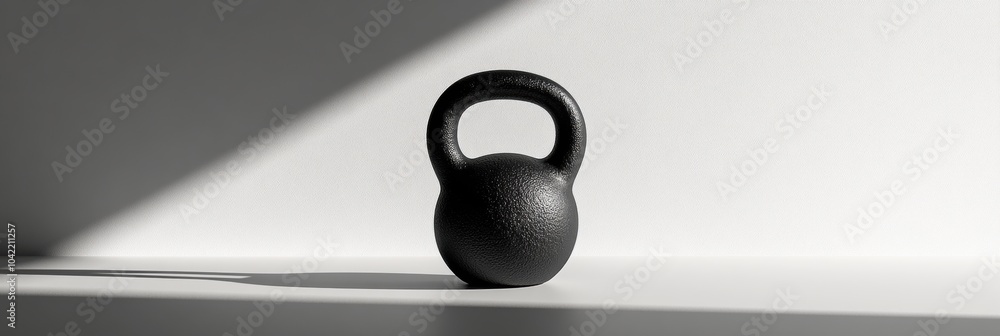Poster this black kettlebell sits alone on a flat surface, catching soft natural light in a calm and minima