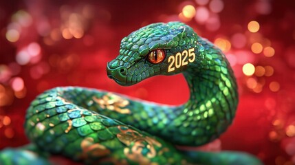 Fototapeta premium A vibrant green snake with bright eyes and the year 2025 represented, coiled on a glittering red background