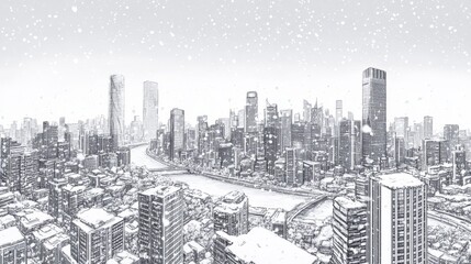 Hand drawn snowy city skyline with tall buildings
