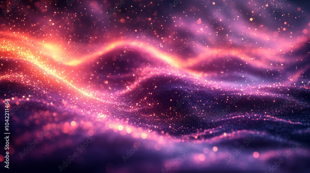 Poster the captivating display of luminous waves in shades of purple and orange evokes a sense of cosmic wo