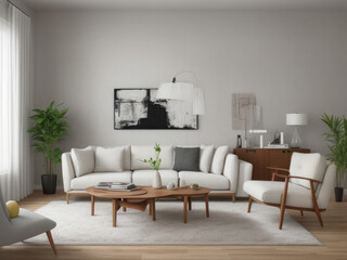 Modern living room interior featuring cozy, plush white sofas a wooden side table with decorative items, and minimalist decor. The space is enhanced by a large abstract painting and a soft rug
