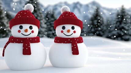 Two delightful snowmen with red hats and scarves smile at the camera amid a snowy mountain backdrop, surrounded by gently falling snowflakes and frost-covered trees