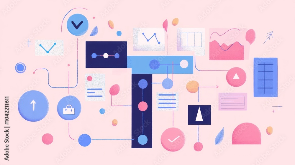 Poster abstract illustration of connected data points and icons, representing a network or workflow.