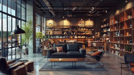 Modern loft living room with large windows and shelves
