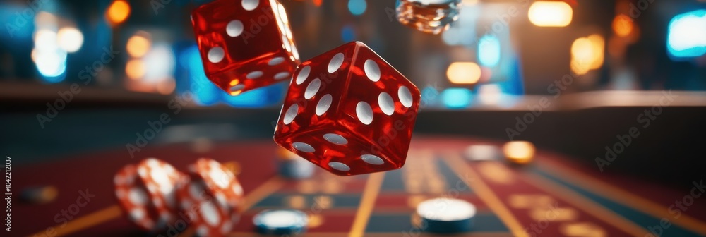 Leinwandbilder red dice are flying through the air above a craps table filled with scattered chips, capturing a thr