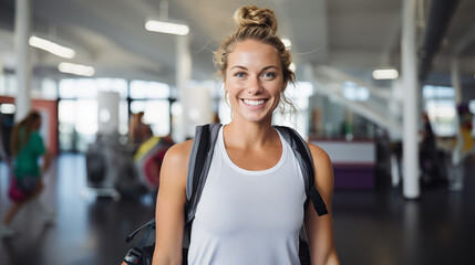 Fototapeta premium Smiling Woman with Gym Bag in a Fitness Center