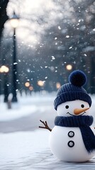 Obraz premium A charming snowman dressed in a blue hat and scarf smiles brightly as snowflakes gently fall around him