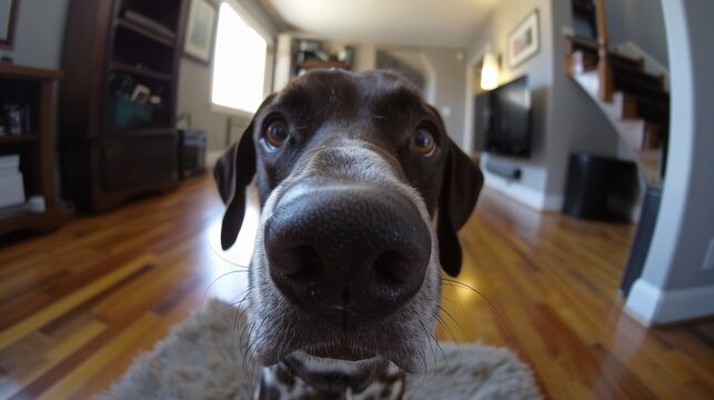 Pet Daycare Surveillance System. Close-up of a dog in a living room captured from a wide-angle pet camera, emphasizing its curious and expressive face.