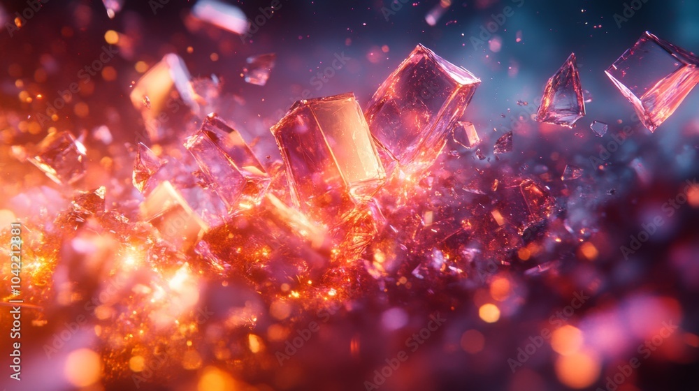 Aufkleber Shards of glass in various shapes and sizes glimmer with radiant colors as they scatter across a dark surface.