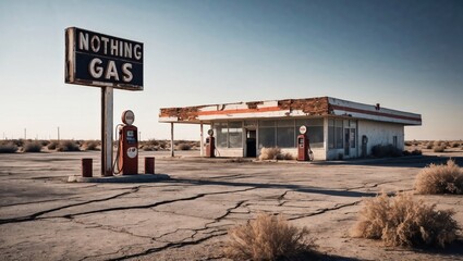 A decrepit, abandoned gas station and convenience store that ironically reads "Nothing Gas" in rusty letters.