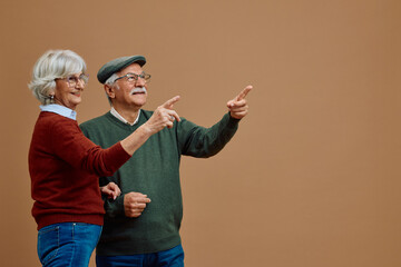 Studio shot of happy seniors pointing at side copy space.