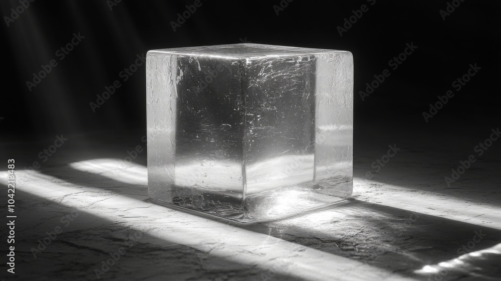 Poster A clear ice cube sits on a textured surface, highlighted by gentle light rays that create ethereal shadows and reflections, enhancing its translucent beauty.