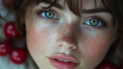 Fototapeta premium Close-Up Portrait of a Woman with Freckles and Green Eyes