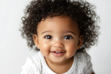 Naklejka premium Joyful baby with curly hair smiles brightly against a simple background, capturing a moment of pure happiness in a studio setting. Generative AI