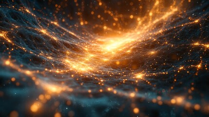 Naklejka premium A stunning display of a cosmic landscape features glowing particles interconnected in a vast, dark universe. The vibrant colors create a mesmerizing effect of depth and motion.