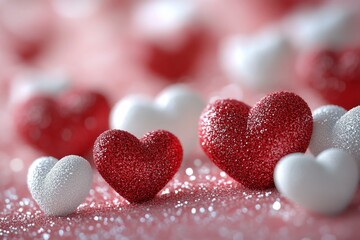 Obraz premium A vibrant collection of sparkling red and white hearts on a soft pink background for a celebration