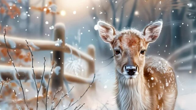 A young deer stands calmly in a snowy environment with gentle falling snowflakes and a wooden fence in the background