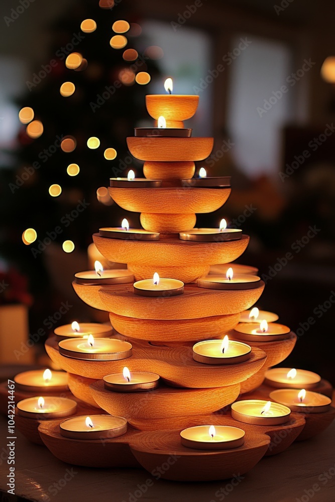Poster a serene display of illuminated candles arranged in a tiered structure at sunset