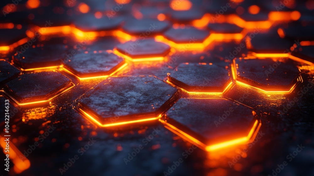 Poster hexagonal shapes glow with a fiery orange hue against a dark background, resembling molten lava. the