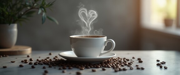 A warm cup of coffee on a wooden table surrounded by scattered coffee beans, with soft natural light streaming in. The image evokes warmth, comfort, and a relaxing coffee moment.