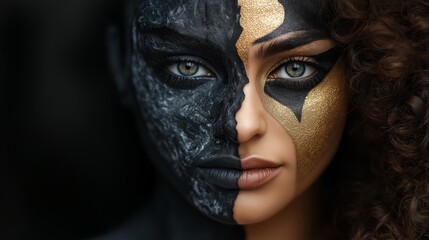 A striking portrait of a woman's face, divided into two halves with black and gold paint. One side has a cracked texture while the other side is smooth, symbolizing contrast and duality