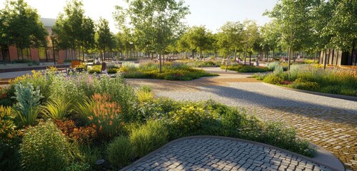 A vibrant community plaza featuring permeable pavement materials, interspersed with greenery and native plants that thrive in the environment.