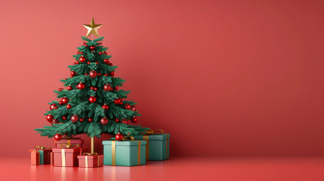 Festive Christmas Tree with Star and Wrapped Gifts, Celebrating Joy and Togetherness, Symbolizing Holiday Spirit and Family Gatherings on Christmas Day