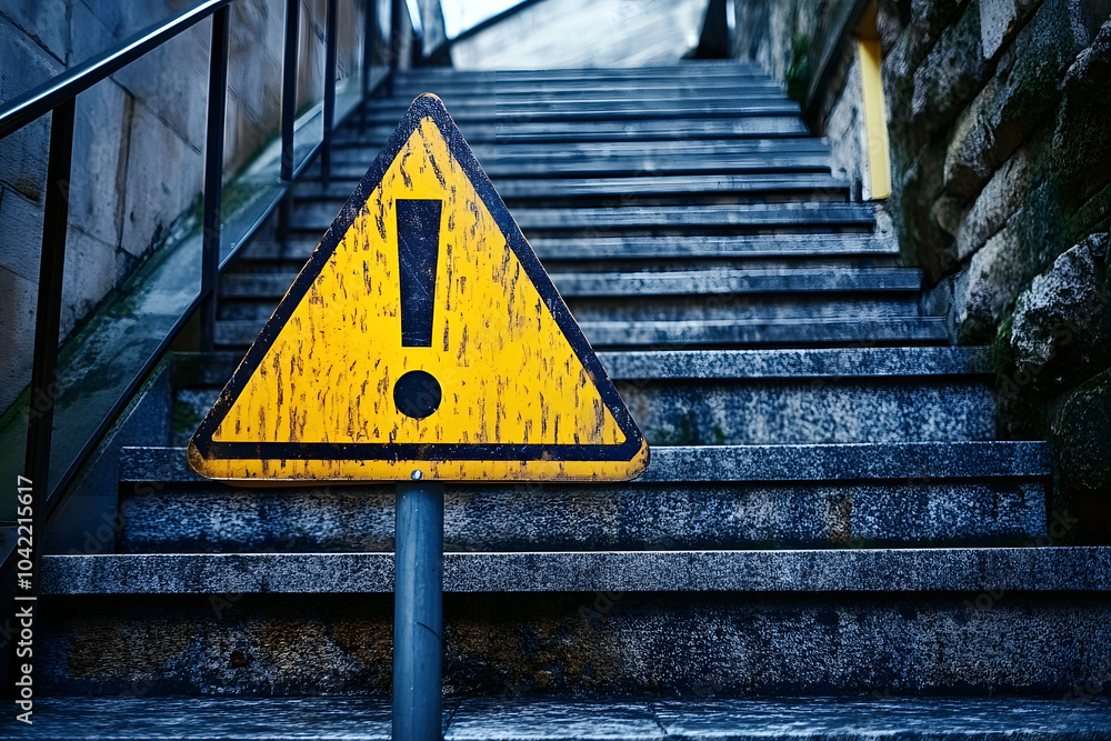 Poster the image captures a yellow caution sign with an exclamation mark positioned at the bottom of a set 