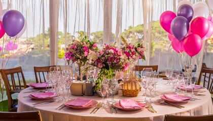 기념일을 위해 준비한 꽃과 테이블