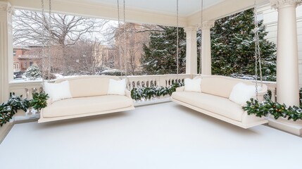 Fototapeta premium A welcoming winter porch showcases a large swing sofa adorned with soft pillows, surrounded by elegant garland and a beautifully decorated Christmas tree