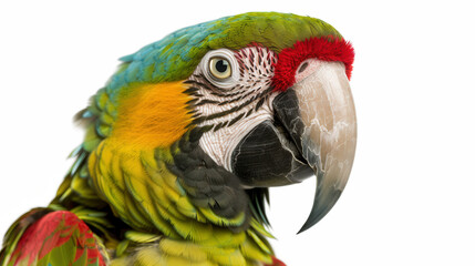 Obraz premium Vibrant Parrot Portrait, stunning close-up of a parrot's face showcasing vivid colors and intricate feather details against a clean white background, ideal for promotional use
