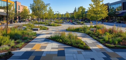 A vibrant community plaza featuring permeable pavement materials, interspersed with greenery and native plants that thrive in the environment.