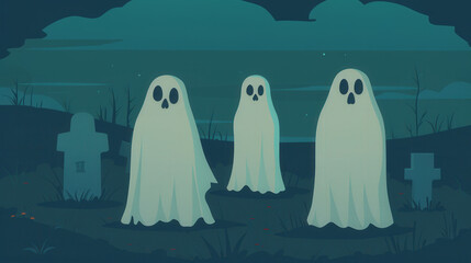 Obraz premium Eerie Spirits in a Foggy Graveyard, a haunting scene depicting translucent figures wandering through a mist-covered cemetery, evoking a sense of mystery and the supernatural.