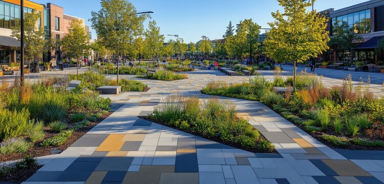 A vibrant community plaza featuring permeable pavement materials, interspersed with greenery and native plants that thrive in the environment.