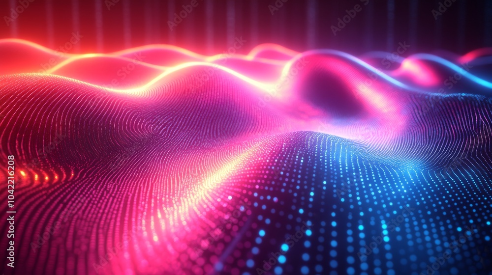 Leinwandbilder An abstract digital landscape features flowing wave patterns illuminated in vibrant red and blue. The waves create a mesmerizing visual effect, ideal for technology and design themes.