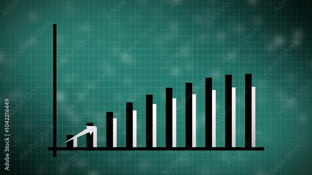 Poster ascending bar graph with overlay arrow indicating growth animated on green graph paper background.