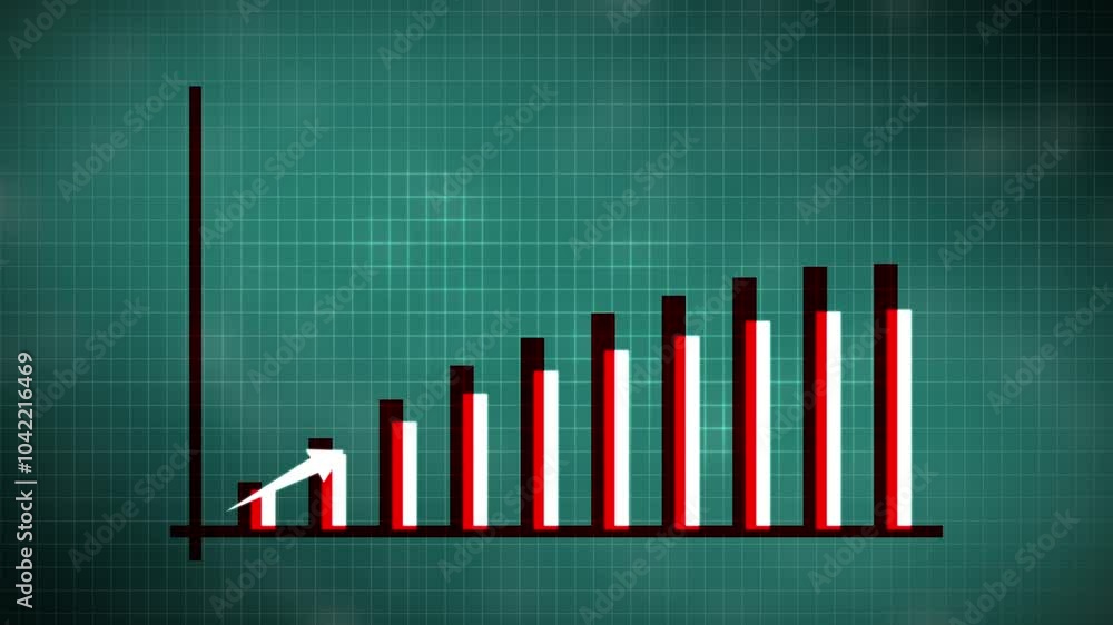 Poster ascending bar graph with overlay arrow indicating growth animated on green graph paper background.