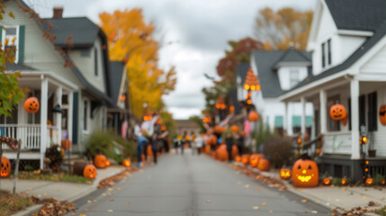 Obraz premium Halloween Parade in the Neighborhood, vibrant street filled with creatively decorated houses, families in costumes, joyous community celebration of spooky festivities