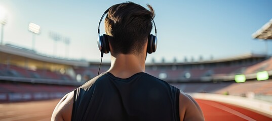Young athlete preparing for a run in an empty stadium during golden hour