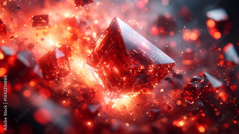 Aufkleber bright red crystalline shapes hover in a vivid cosmic space, surrounded by glowing fragments and ene
