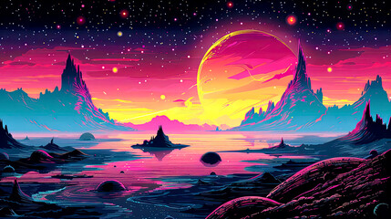 Fototapeta premium Vibrant sci-fi landscape with a colorful planet and mountains.