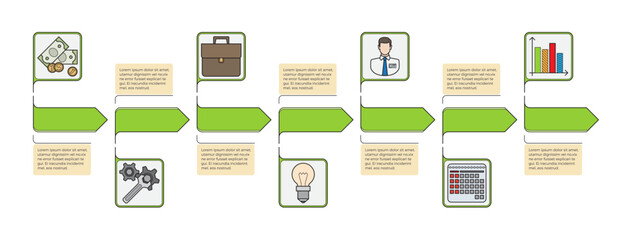Green arrow flowchart with icons of money, briefcase, doctor, gears, light bulb, and charts. Ideal for business planning, financial management, project tracking, medical processes, and data analysis