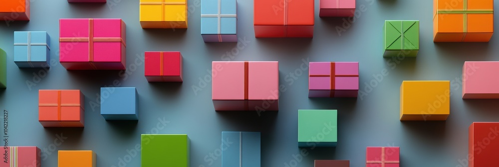 Poster a diverse assortment of small, colorful gift boxes in different sizes is neatly arranged on a light 